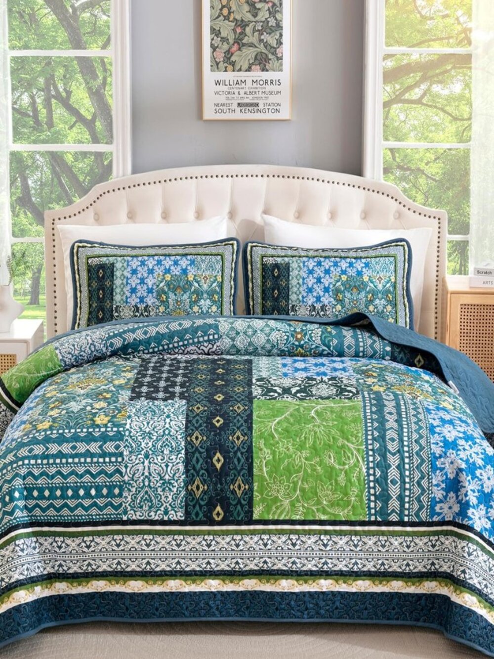 Boho Quilt Queen, 3 Pieces Teal Patchwork Quilt Soft Coverlet Reversible
